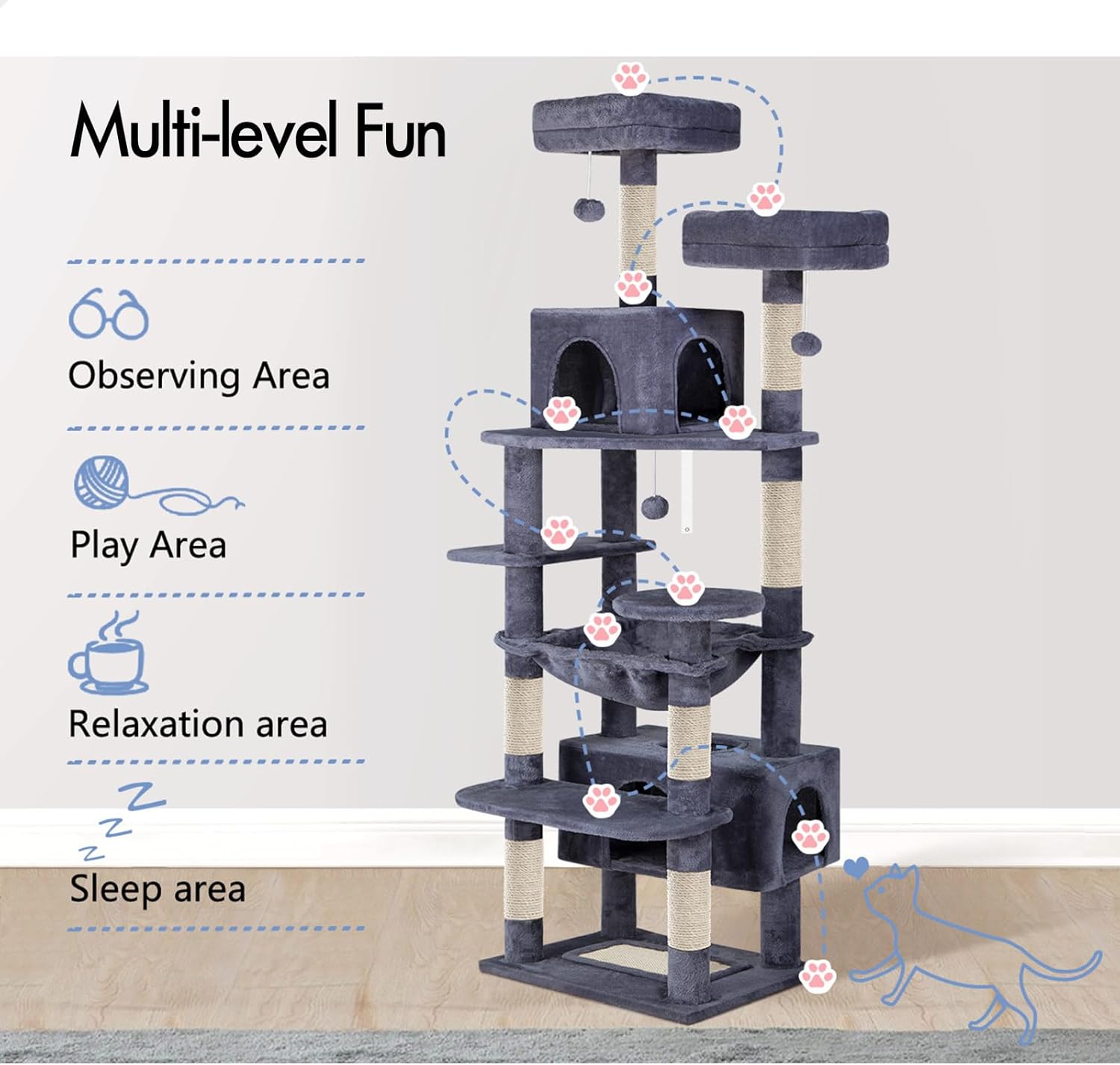 CARLA HOME 180cm Cat Tree Tower for Indoor Cats with Plush Perches, Dual Condos, Natural Sisal Scratching V178-36386