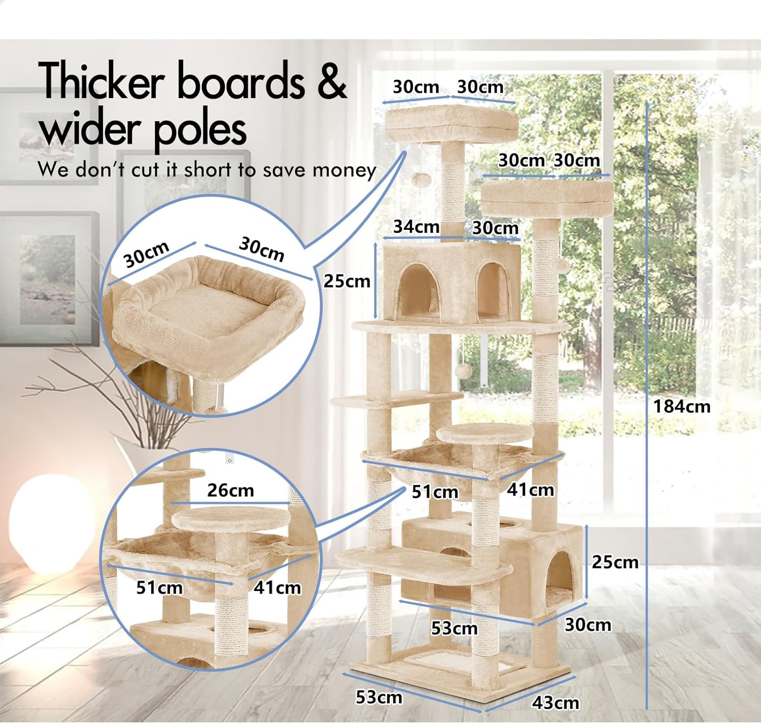 CARLA HOME 180cm Cat Tree Tower for Indoor Cats with Plush Perches, Dual Condos, Natural Sisal Scratching V178-36387