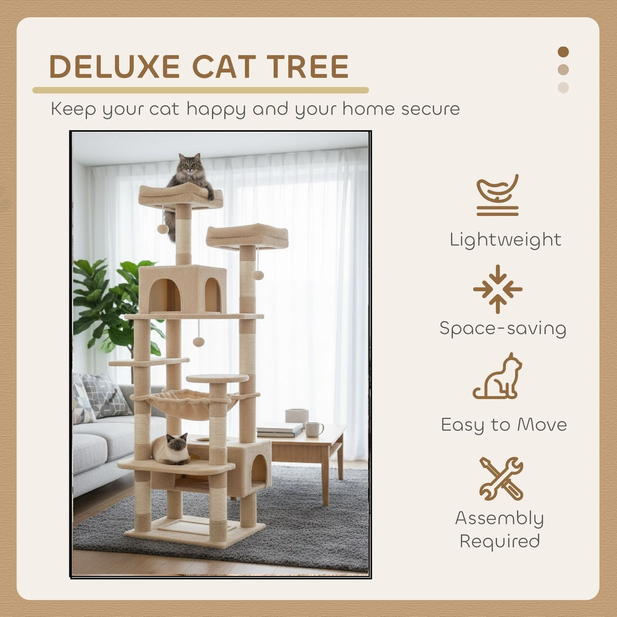CARLA HOME 180cm Cat Tree Tower for Indoor Cats with Plush Perches, Dual Condos, Natural Sisal Scratching V178-36387