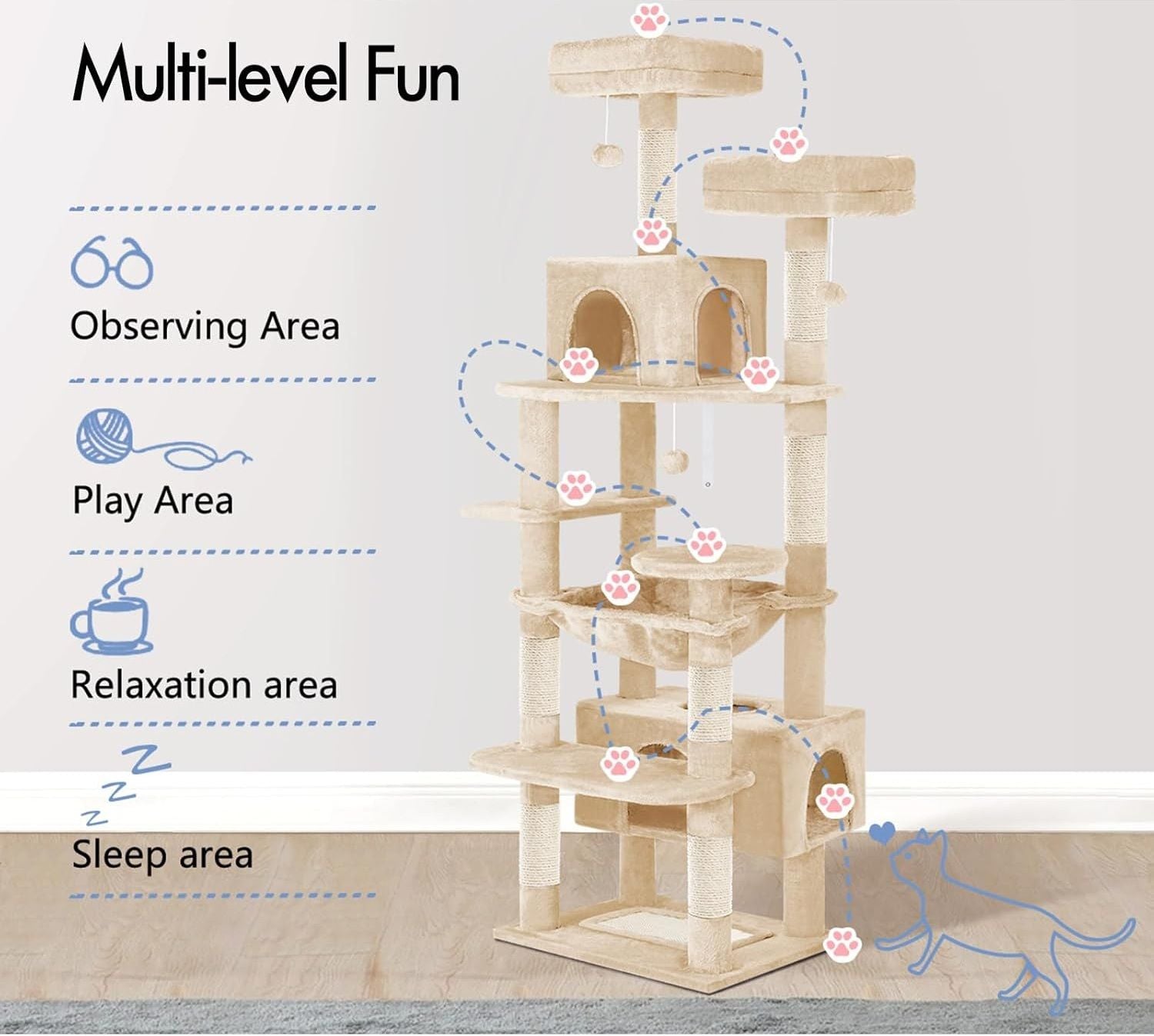 CARLA HOME 180cm Cat Tree Tower for Indoor Cats with Plush Perches, Dual Condos, Natural Sisal Scratching V178-36387