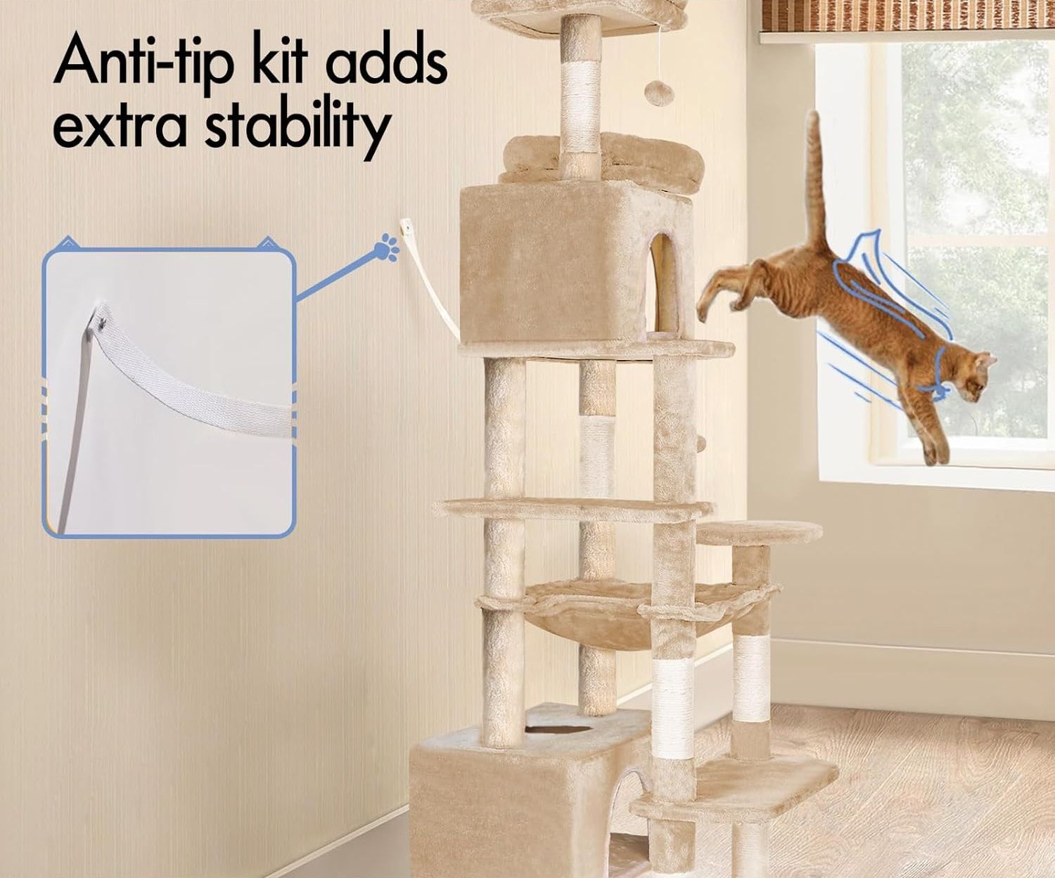 CARLA HOME 180cm Cat Tree Tower for Indoor Cats with Plush Perches, Dual Condos, Natural Sisal Scratching V178-36387