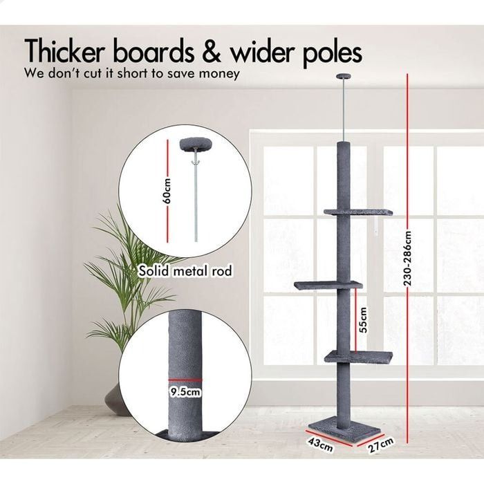 CARLA HOME Floor to Ceiling Cat Tree Tower with Adjustable Height 230-286cm for Indoor Cats (Grey) V178-36388