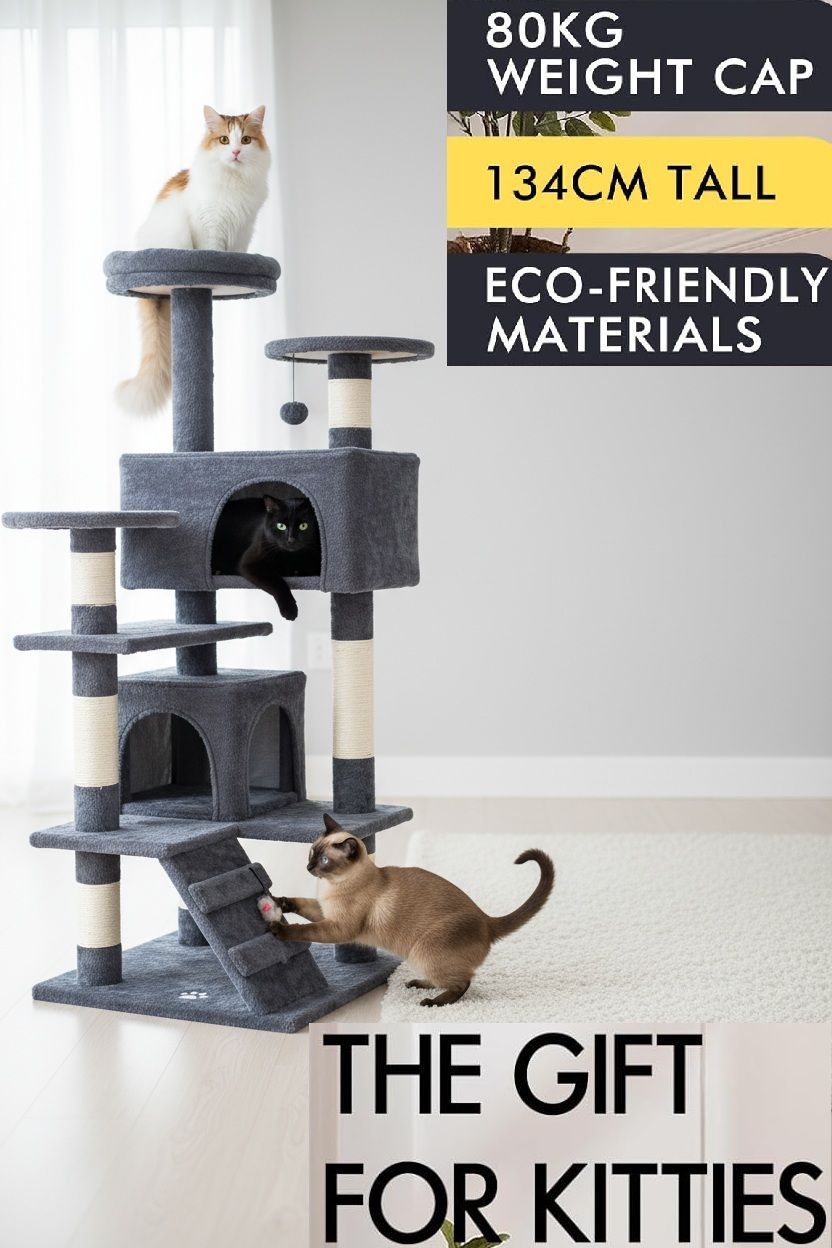 CARLA HOME 134cm Cat Tree Tower for Indoor Cats with Plush Perches, Dual Condos, Natural Sisal Scratching V178-36390