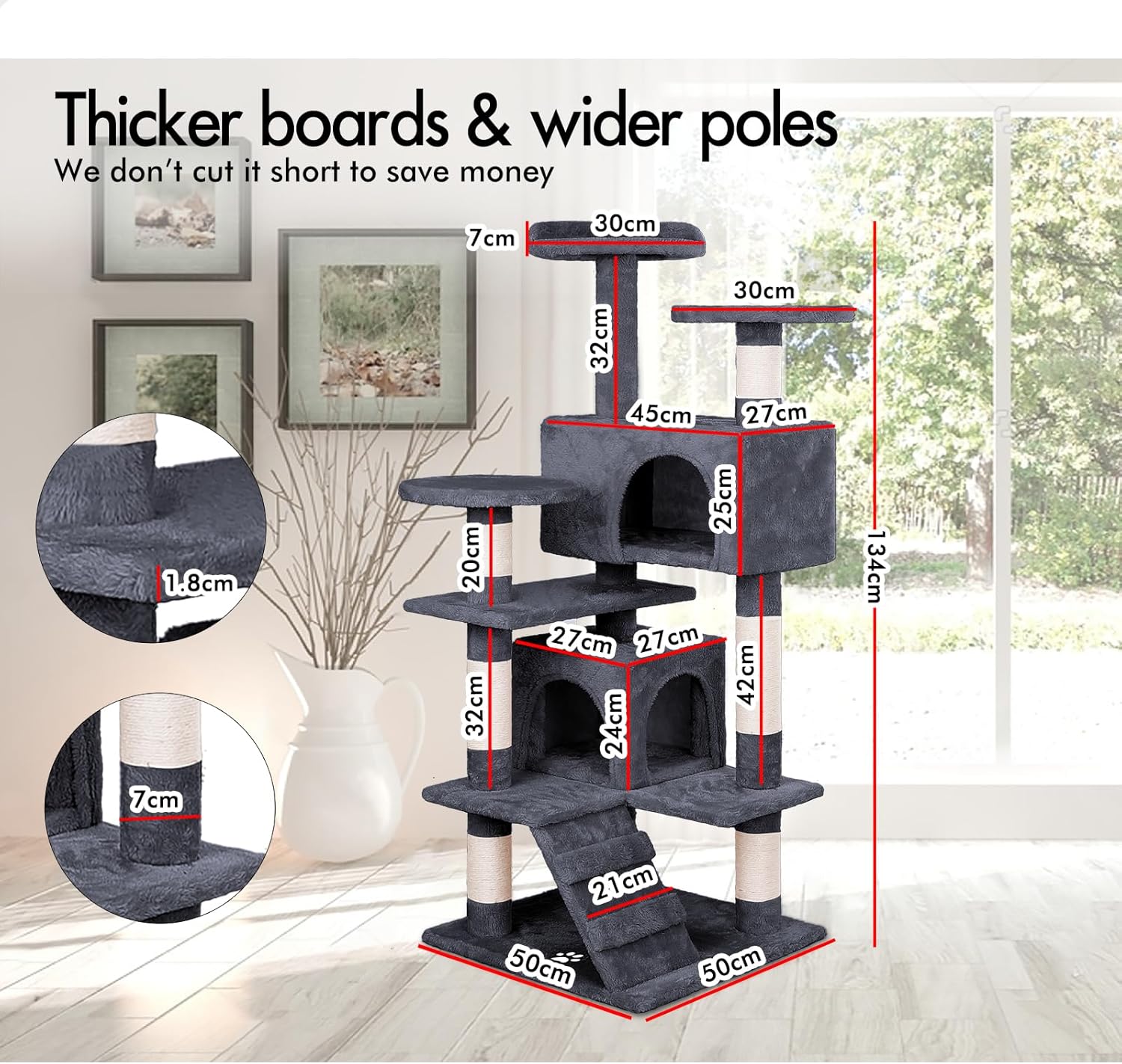 CARLA HOME 134cm Cat Tree Tower for Indoor Cats with Plush Perches, Dual Condos, Natural Sisal Scratching V178-36390