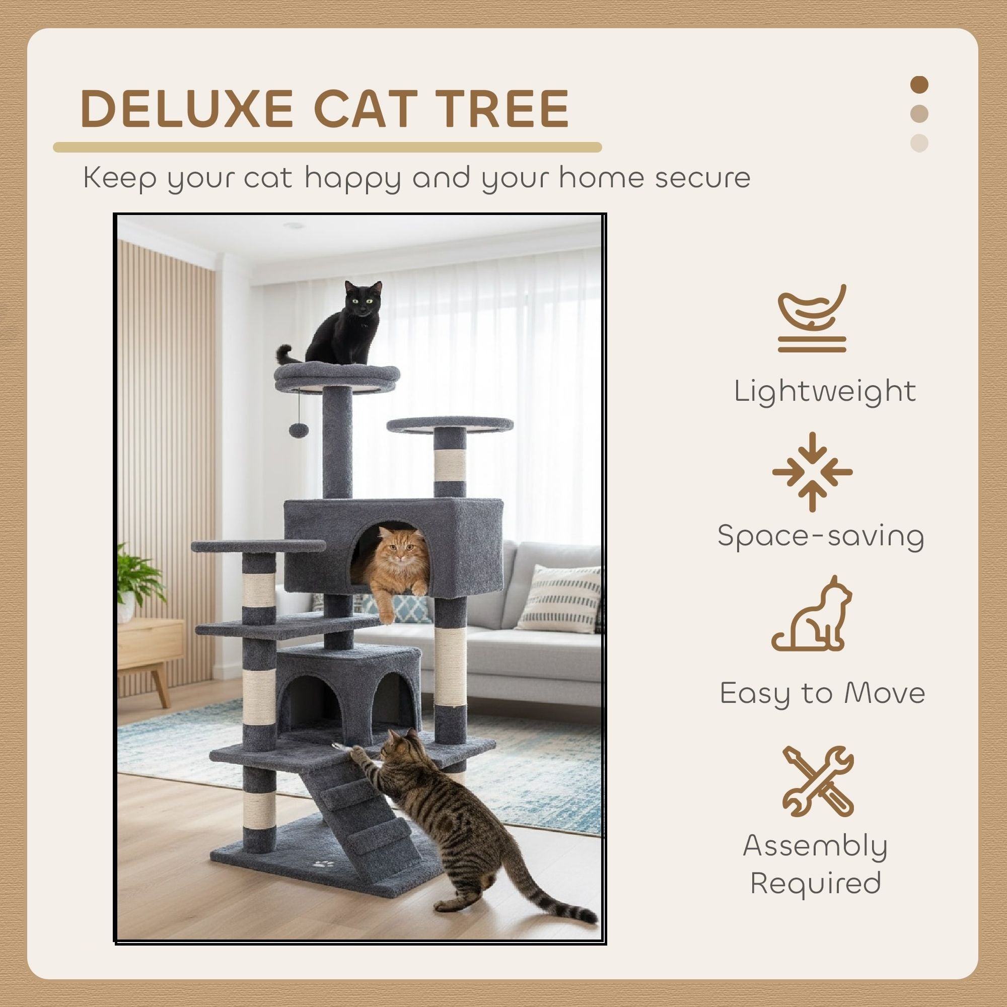 CARLA HOME 134cm Cat Tree Tower for Indoor Cats with Plush Perches, Dual Condos, Natural Sisal Scratching V178-36390