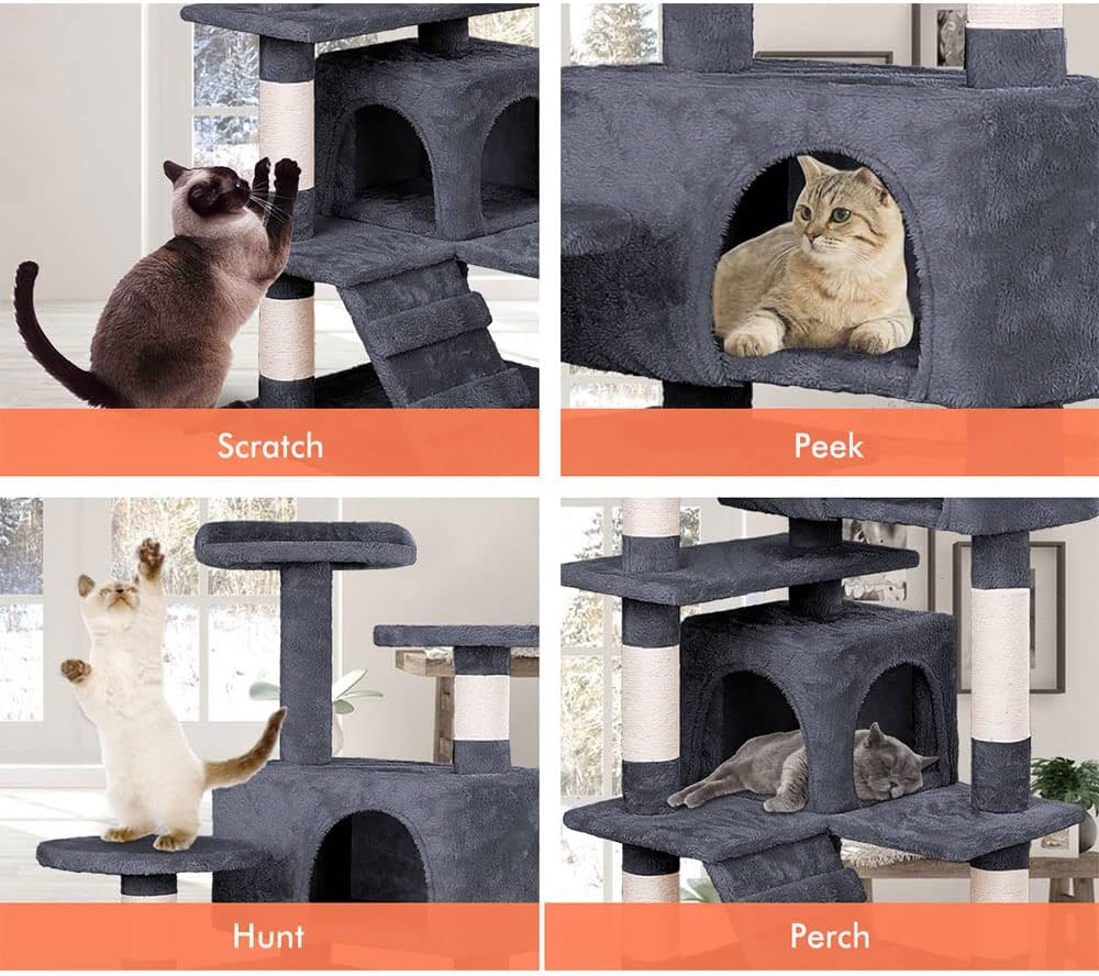 CARLA HOME 134cm Cat Tree Tower for Indoor Cats with Plush Perches, Dual Condos, Natural Sisal Scratching V178-36390