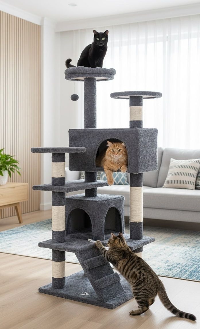 CARLA HOME 134cm Cat Tree Tower for Indoor Cats with Plush Perches, Dual Condos, Natural Sisal Scratching V178-36390