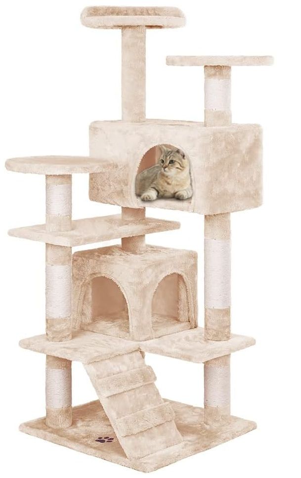 CARLA HOME 134cm Cat Tree Tower for Indoor Cats with Plush Perches, Dual Condos, Natural Sisal Scratching V178-36392