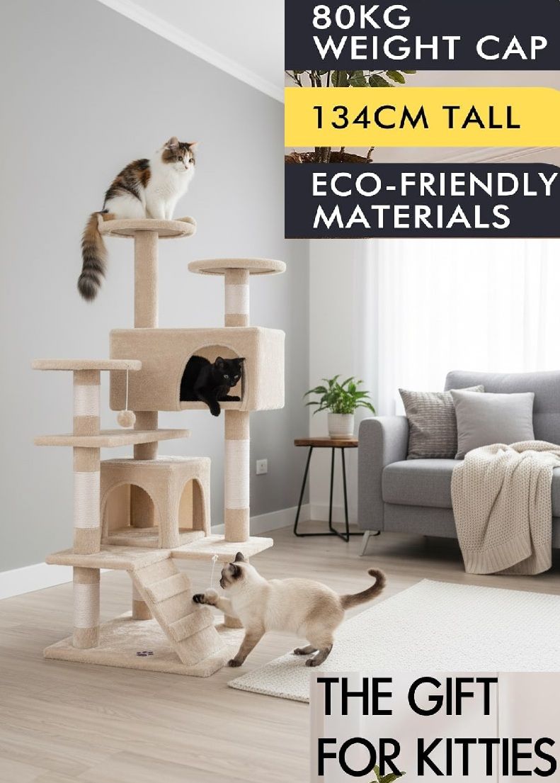 CARLA HOME 134cm Cat Tree Tower for Indoor Cats with Plush Perches, Dual Condos, Natural Sisal Scratching V178-36392