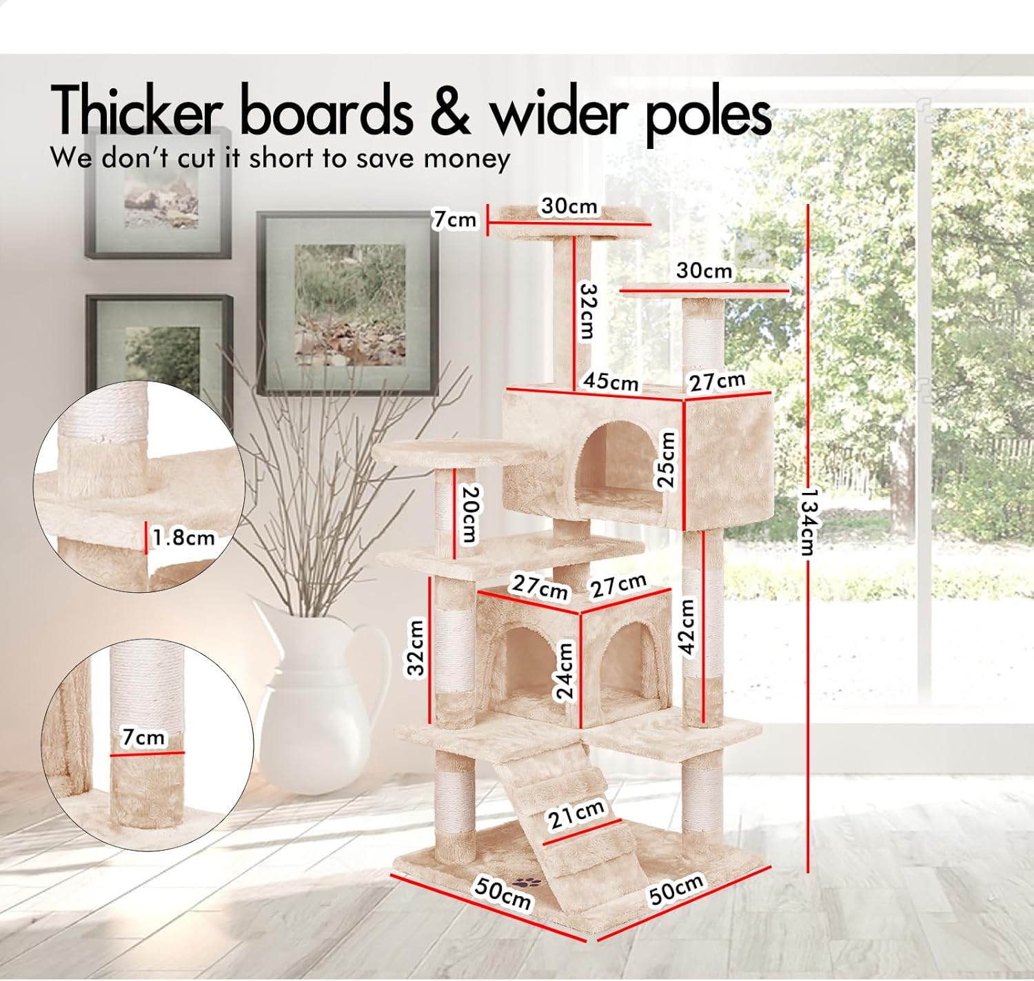 CARLA HOME 134cm Cat Tree Tower for Indoor Cats with Plush Perches, Dual Condos, Natural Sisal Scratching V178-36392