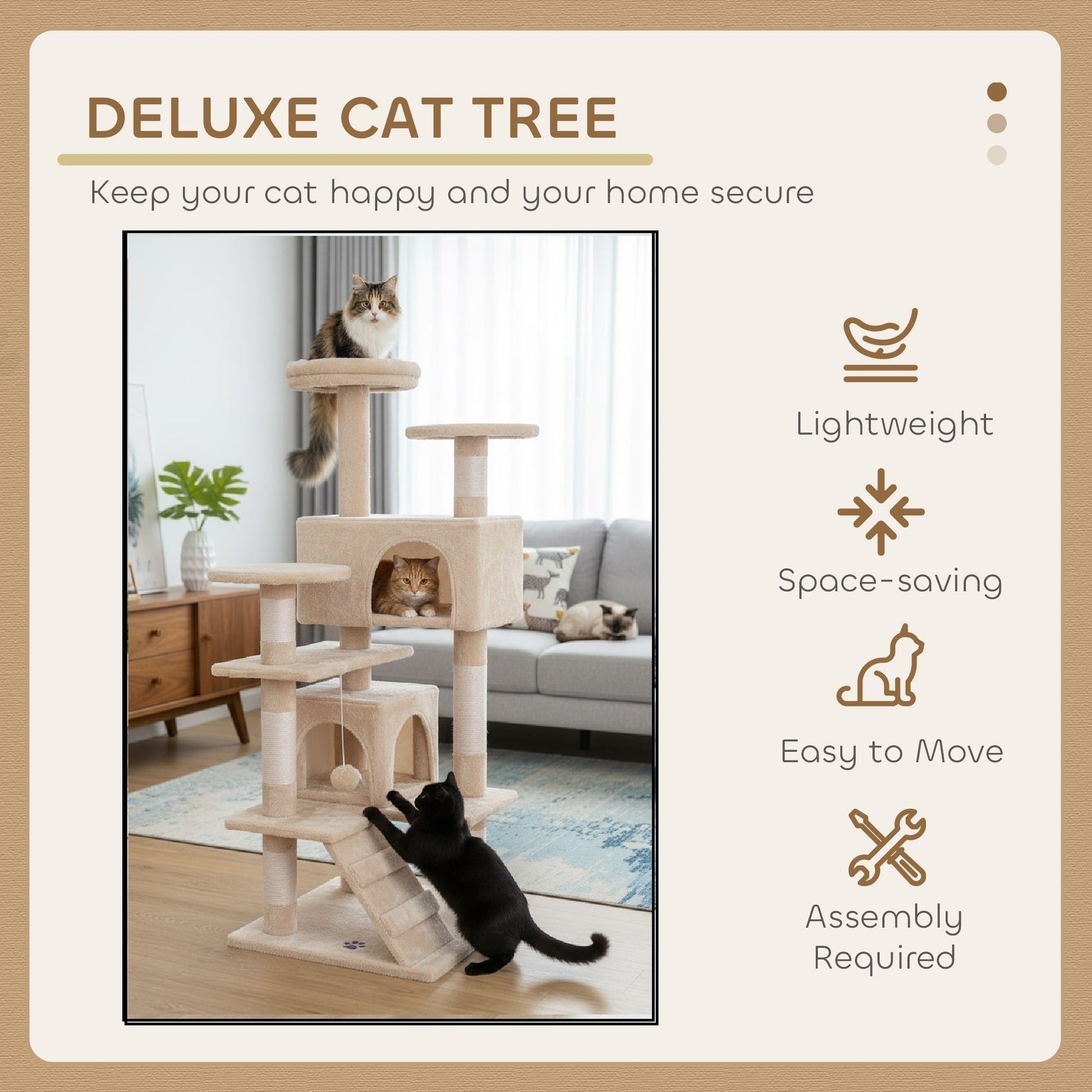 CARLA HOME 134cm Cat Tree Tower for Indoor Cats with Plush Perches, Dual Condos, Natural Sisal Scratching V178-36392