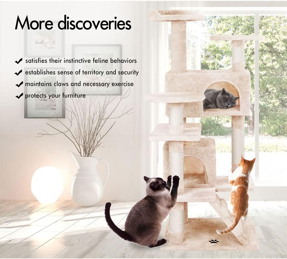 CARLA HOME 134cm Cat Tree Tower for Indoor Cats with Plush Perches, Dual Condos, Natural Sisal Scratching V178-36392