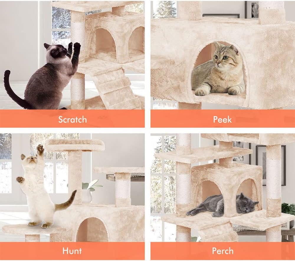 CARLA HOME 134cm Cat Tree Tower for Indoor Cats with Plush Perches, Dual Condos, Natural Sisal Scratching V178-36392