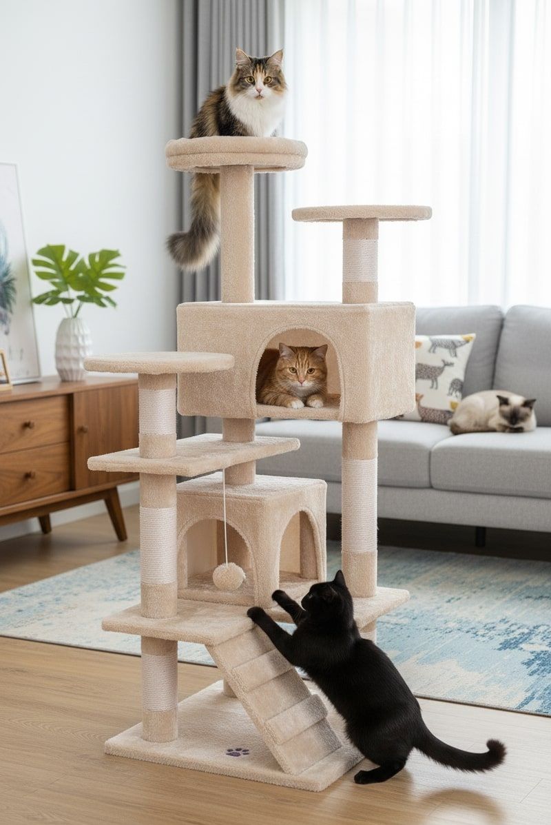 CARLA HOME 134cm Cat Tree Tower for Indoor Cats with Plush Perches, Dual Condos, Natural Sisal Scratching V178-36392