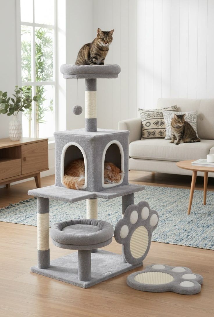 CARLA HOME Large Cat Tree Tower for Indoor Cats with Plush Perch, Cat Condo, Natural Sisal Scratching Posts, V178-36394