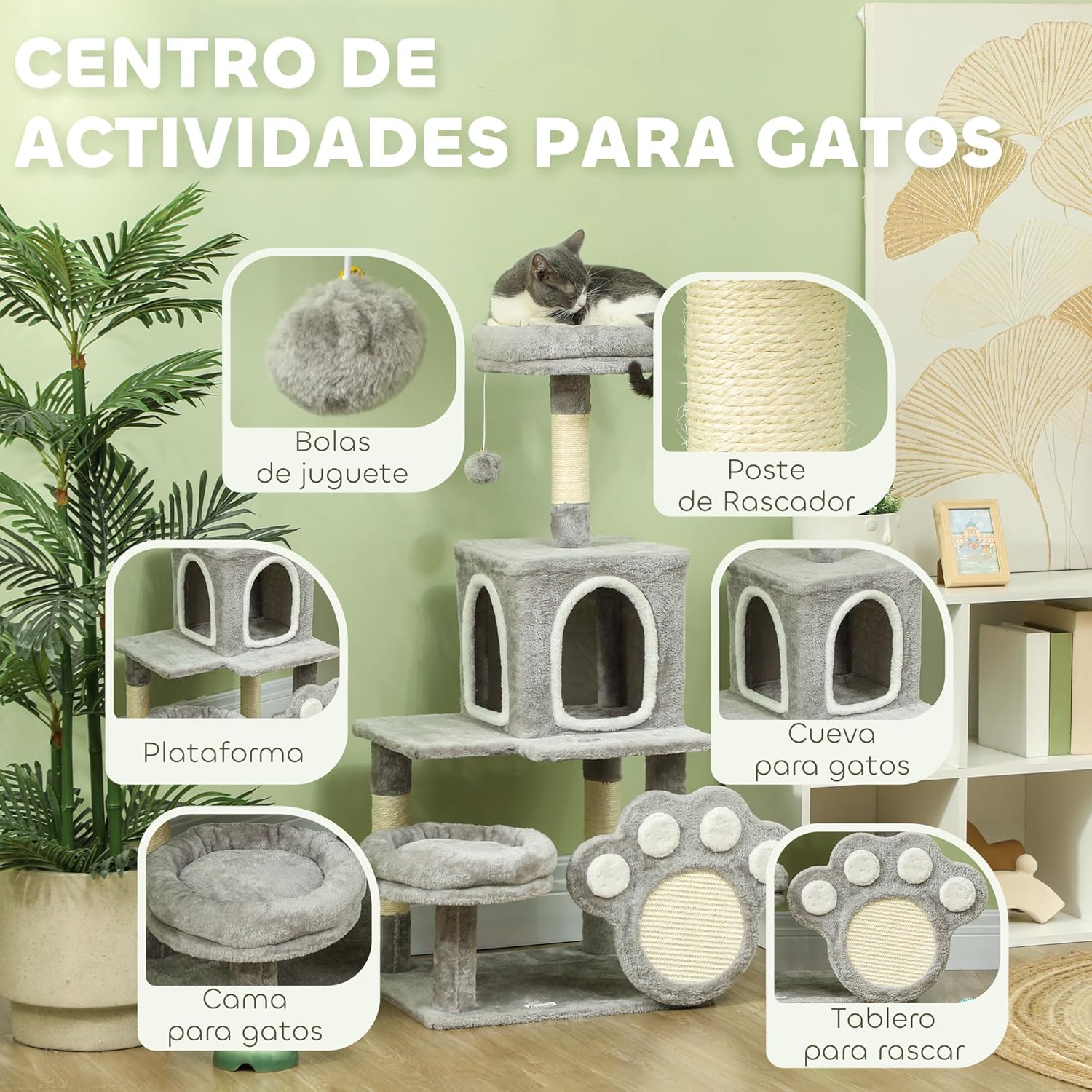 CARLA HOME Large Cat Tree Tower for Indoor Cats with Plush Perch, Cat Condo, Natural Sisal Scratching Posts, V178-36394