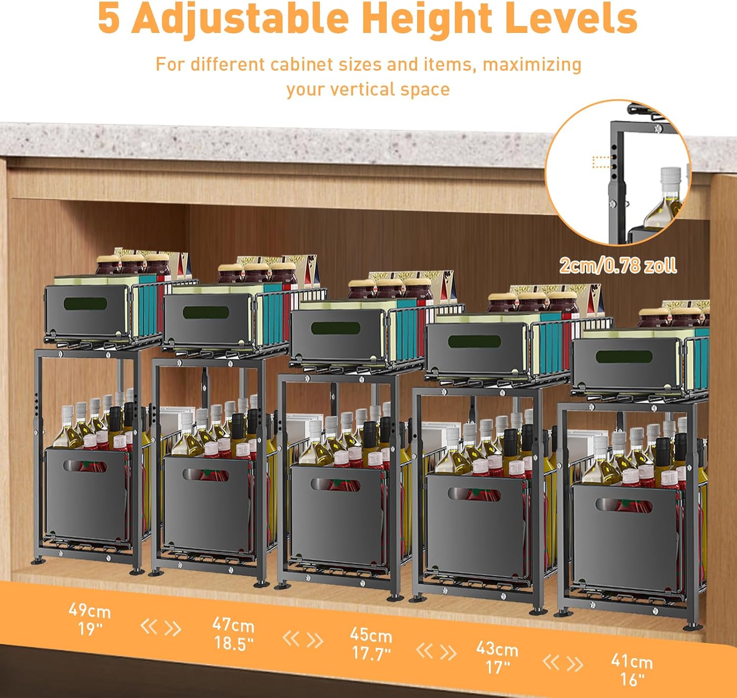 CARLA HOME 2-Tier Under Sink Organizer with Sliding Drawers & Height Adjustable for Kitchen Bathroom Cabinet V178-36395