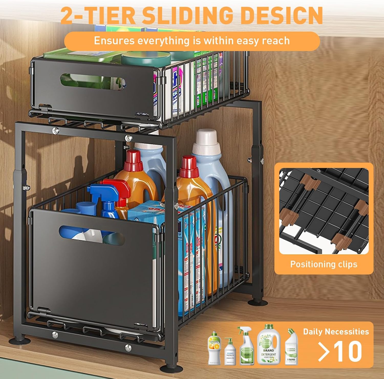 CARLA HOME 2-Tier Under Sink Organizer with Sliding Drawers & Height Adjustable for Kitchen Bathroom Cabinet V178-36395