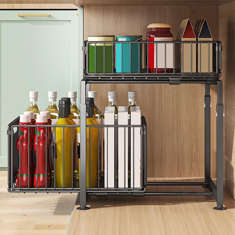 CARLA HOME 2-Tier Under Sink Organizer with Sliding Drawers & Height Adjustable for Kitchen Bathroom Cabinet V178-36395