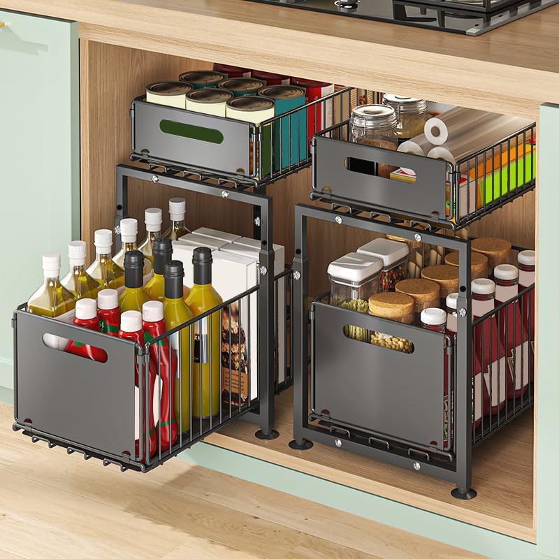 CARLA HOME 2- Pack Under Sink Organizer with Sliding Drawers & Height Adjustable for Kitchen Bathroom Cabinet V178-36396