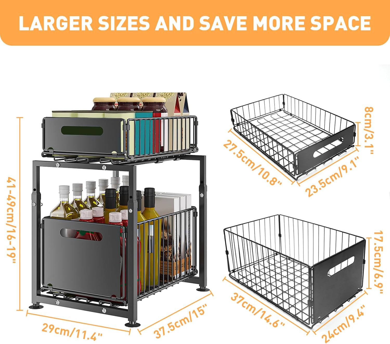 CARLA HOME 2- Pack Under Sink Organizer with Sliding Drawers & Height Adjustable for Kitchen Bathroom Cabinet V178-36396