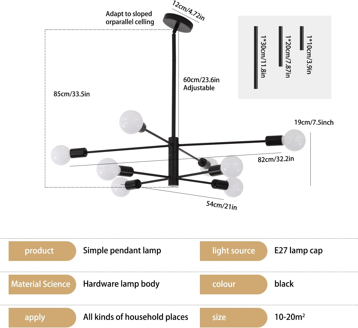 Modern Sputnik Chandelier, 8 Light, Black V178-37411