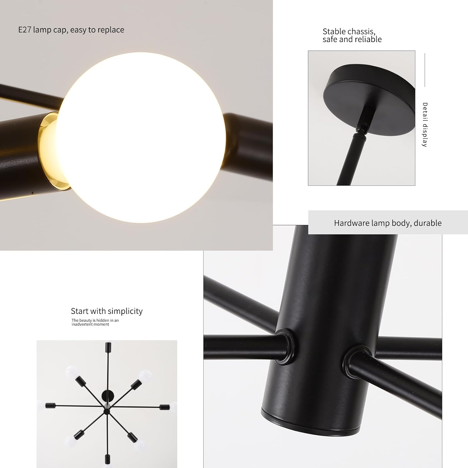 Modern Sputnik Chandelier, 8 Light, Black V178-37411
