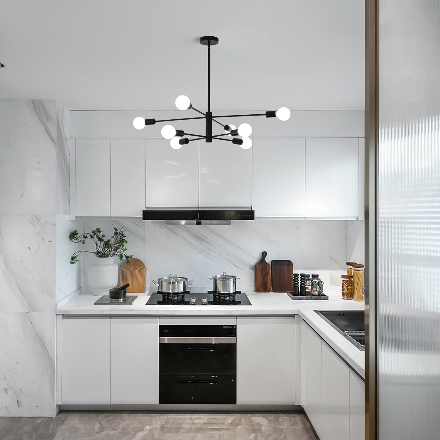 Modern Sputnik Chandelier, 8 Light, Black V178-37411