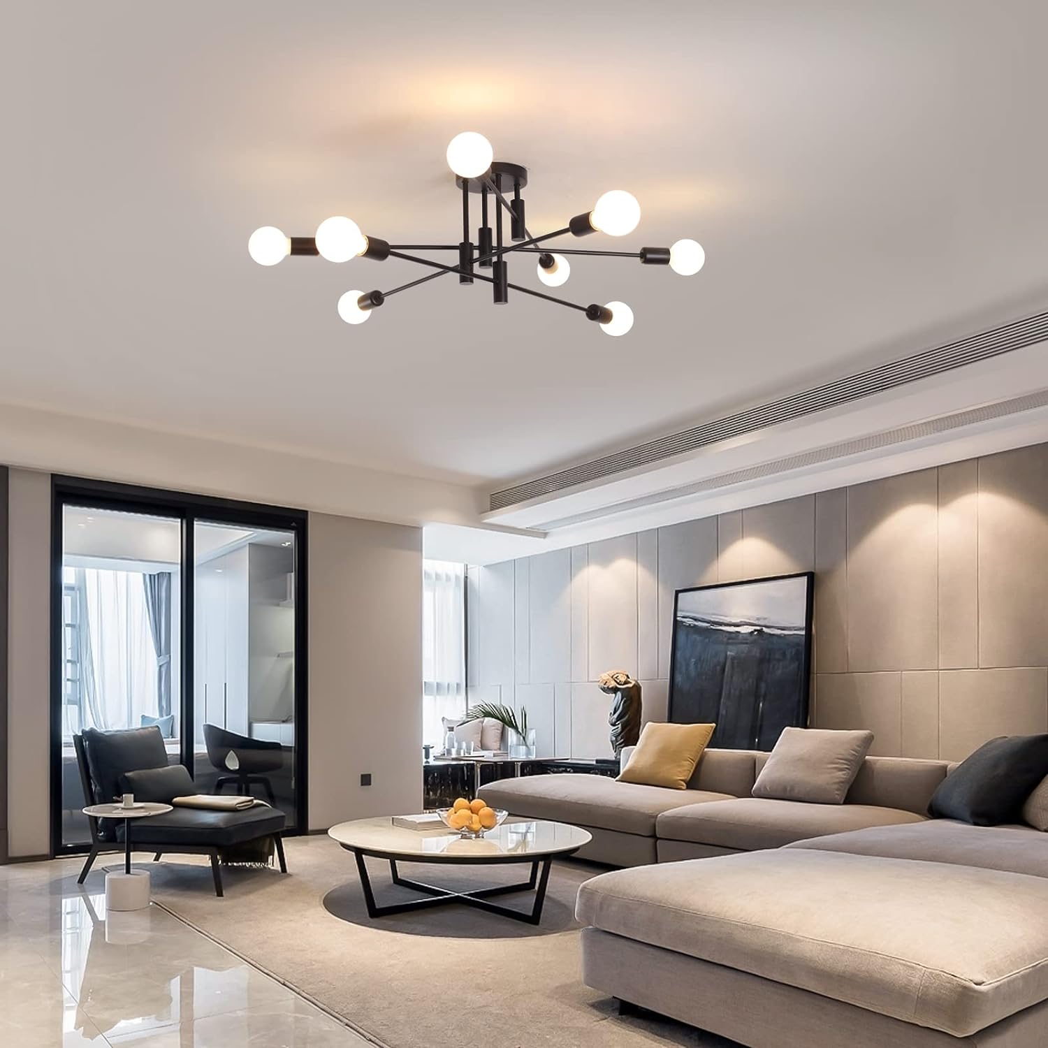 Modern Semi Flush Chandelier, 8 Light, Black V178-37587