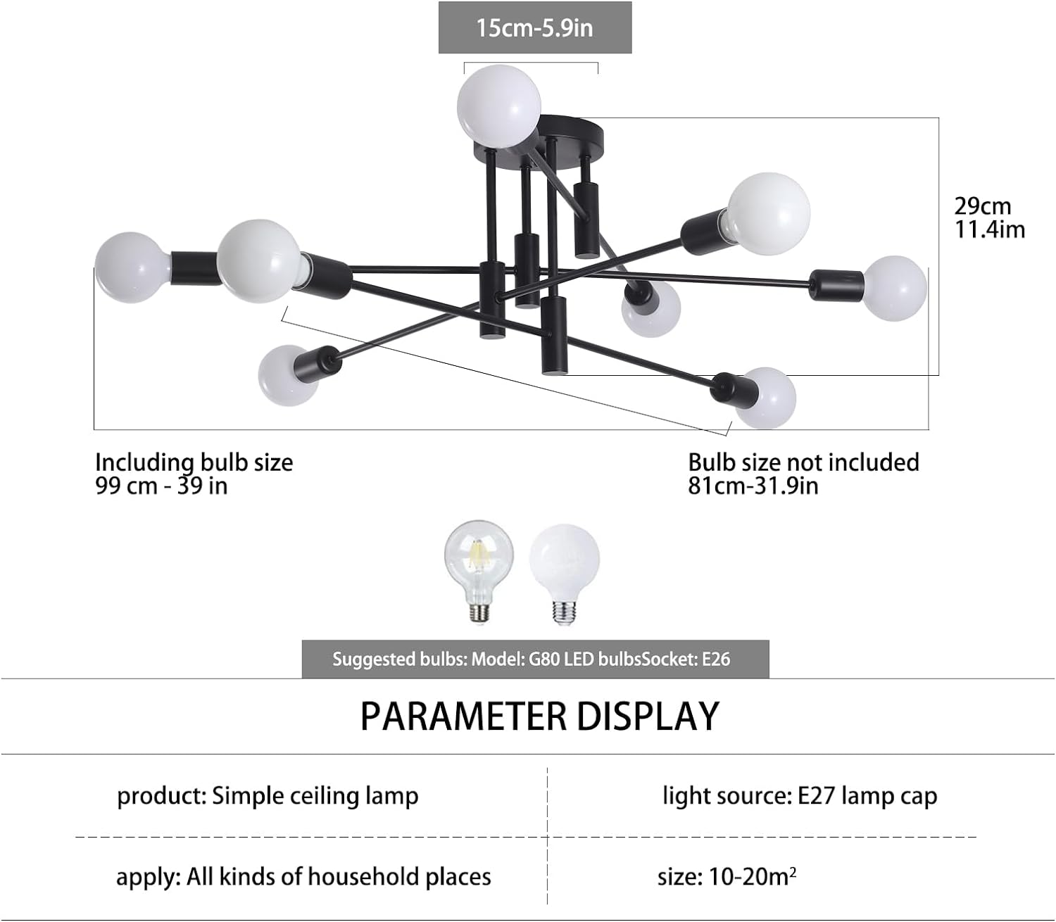 Modern Semi Flush Chandelier, 8 Light, Black V178-37587