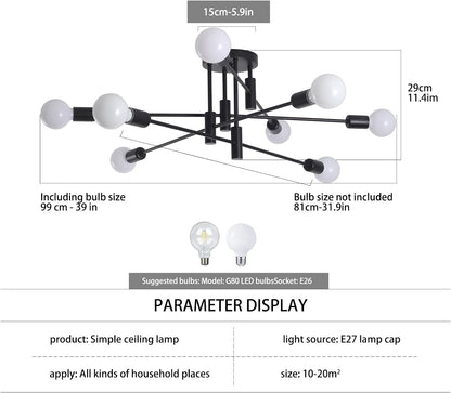 Modern Semi Flush Chandelier, 8 Light, Black V178-37587