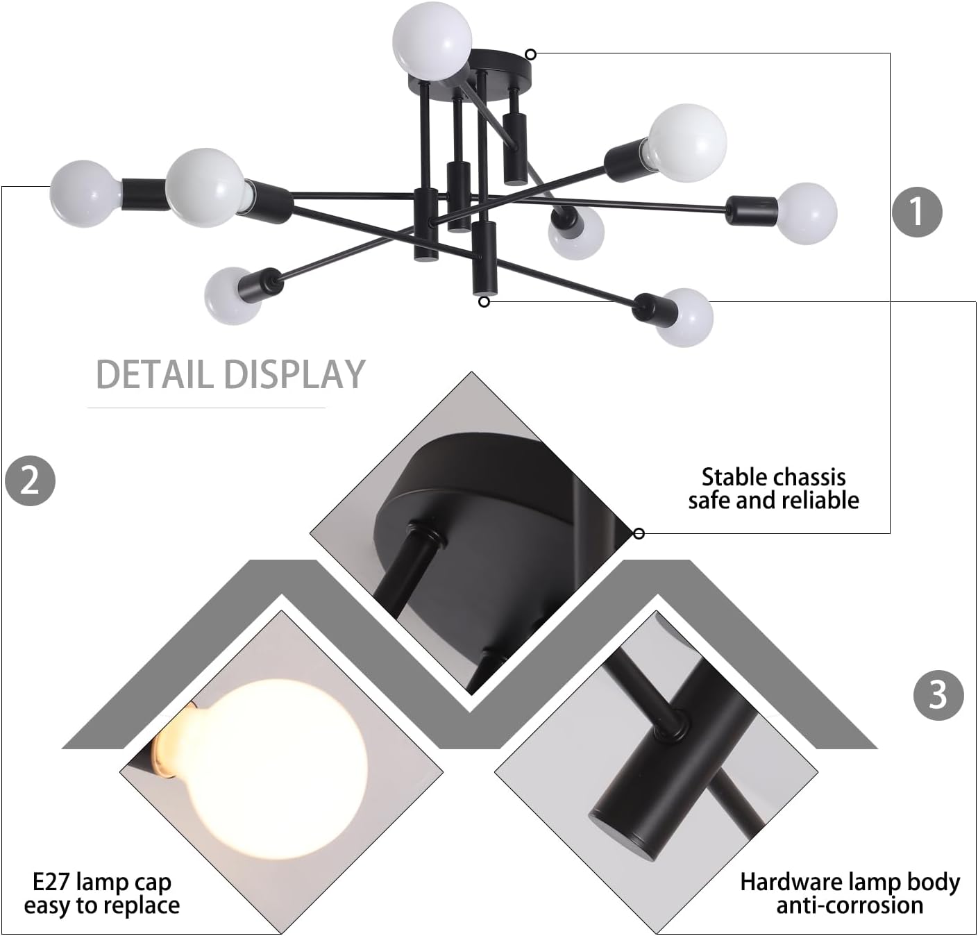 Modern Semi Flush Chandelier, 8 Light, Black V178-37587