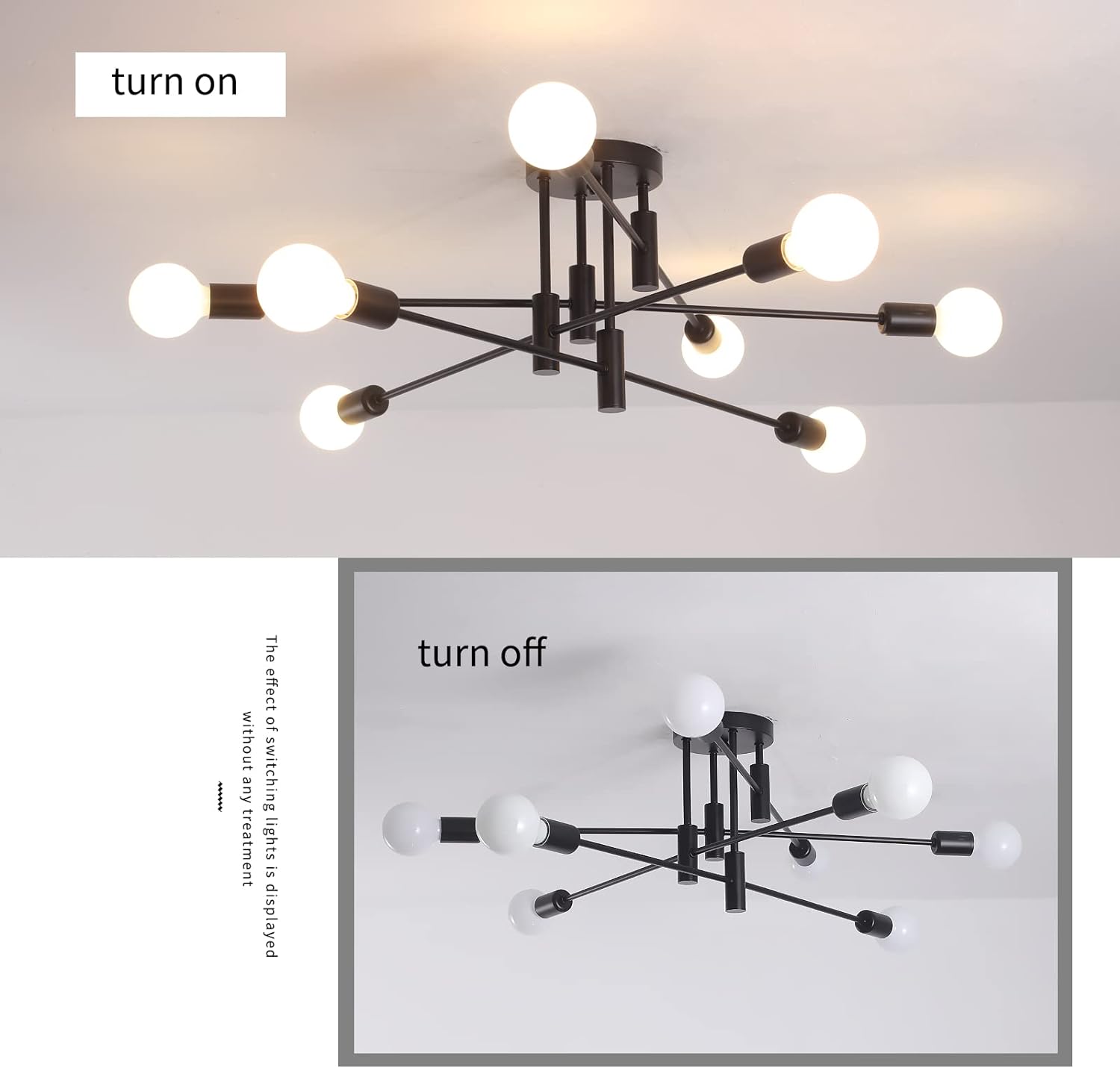 Modern Semi Flush Chandelier, 8 Light, Black V178-37587