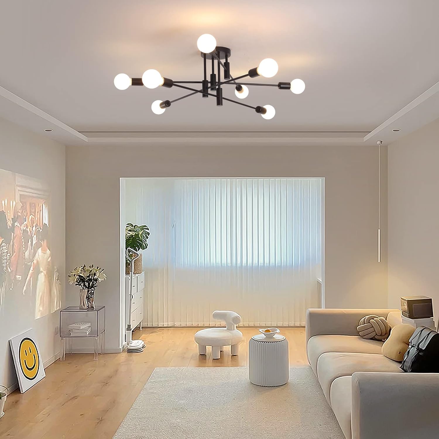 Modern Semi Flush Chandelier, 8 Light, Black V178-37587