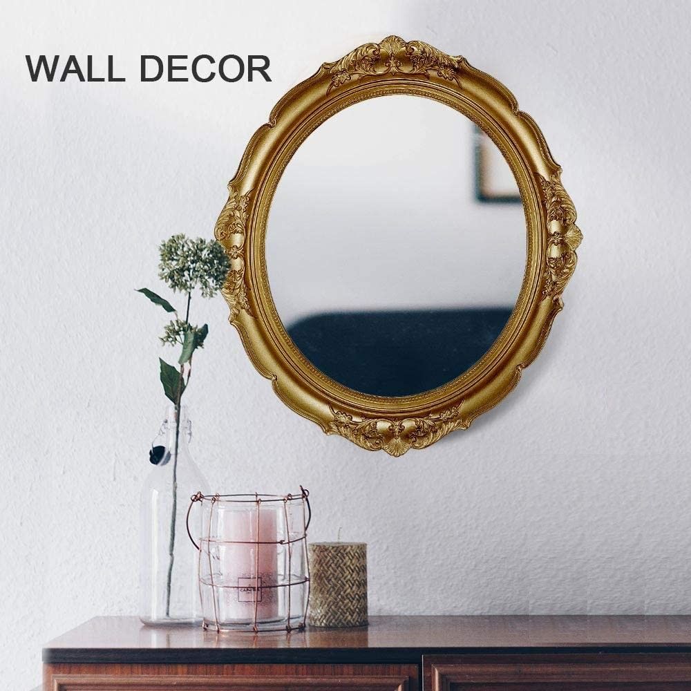 Oval Antique Vintage Hanging Wall Mirror for Bedroom and Livingroom (Gold, 38 x 33 cm) V178-44236