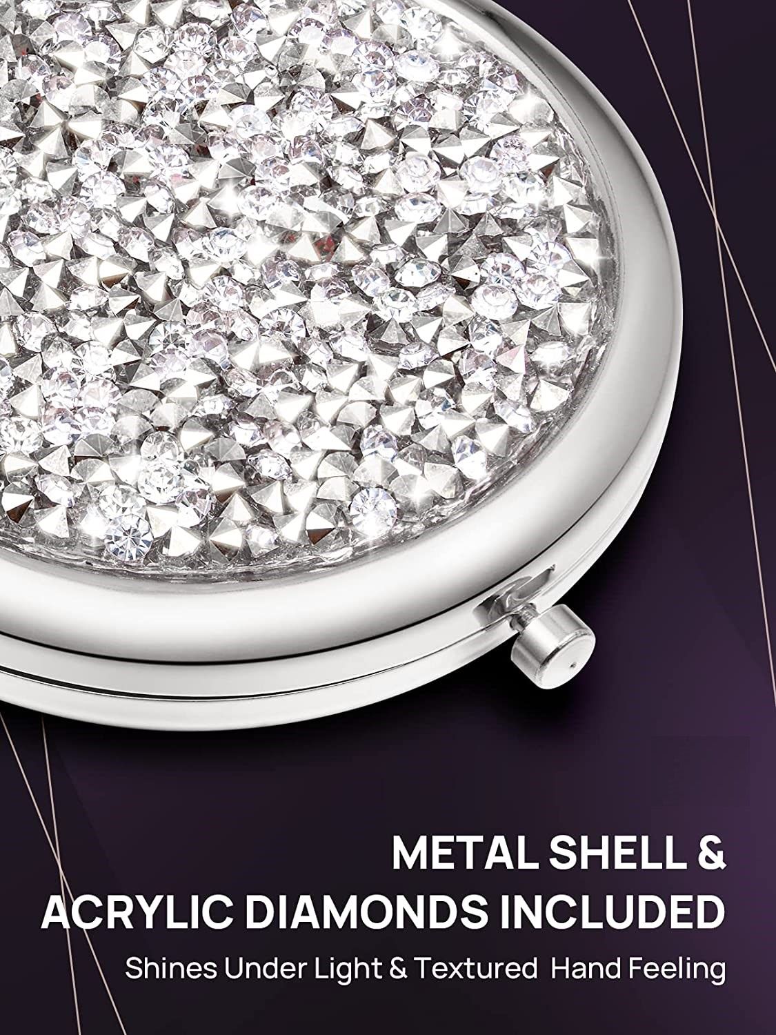 Mini Mix Diamond 1X/2X Magnifying Round Metal Pocket Makeup Mirror (Silver) V178-49347