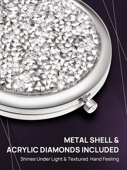 Mini Mix Diamond 1X/2X Magnifying Round Metal Pocket Makeup Mirror (Silver) V178-49347