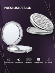 Mini Mix Diamond 1X/2X Magnifying Round Metal Pocket Makeup Mirror (Silver) V178-49347