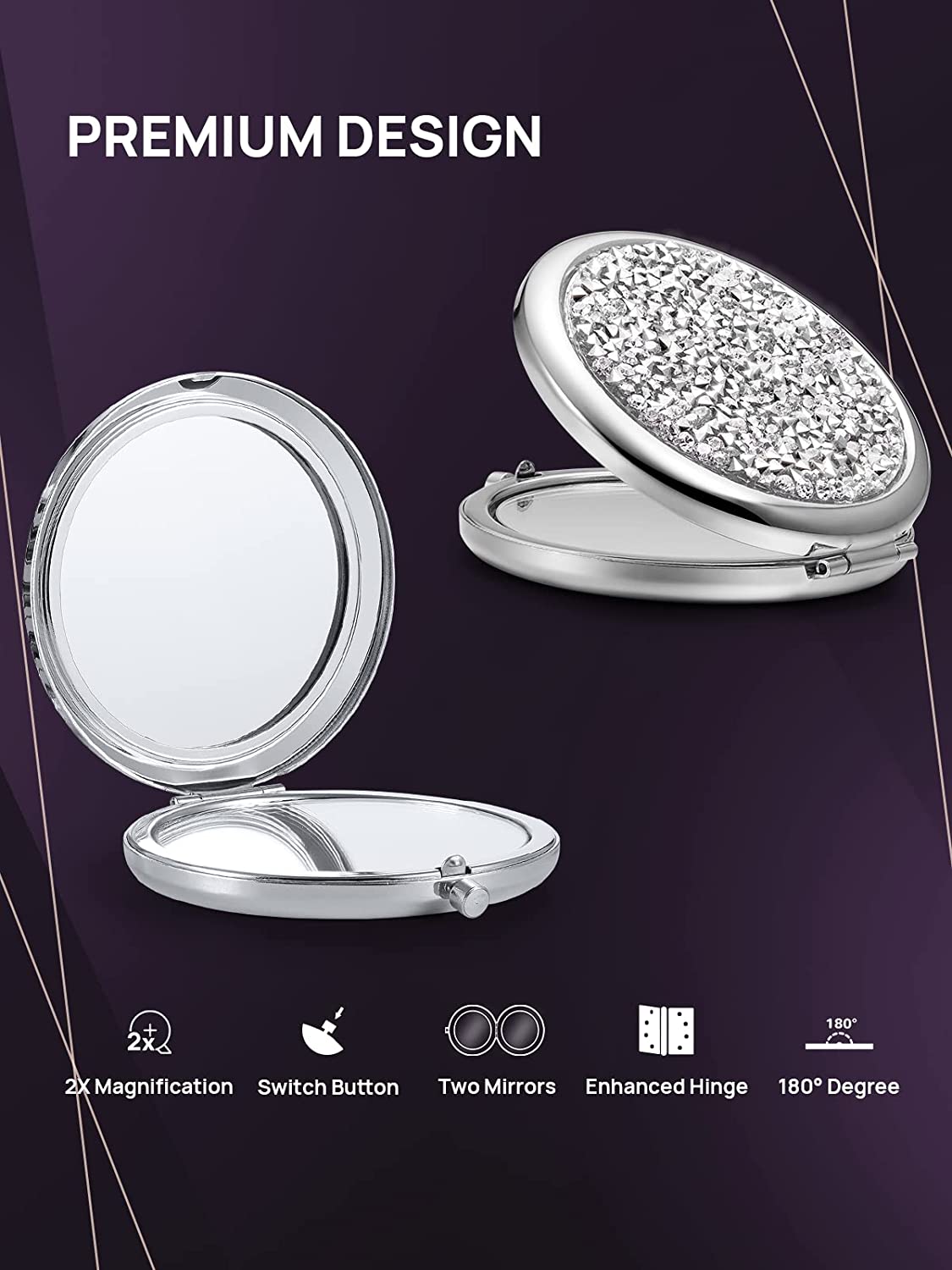 Mini Mix Diamond 1X/2X Magnifying Round Metal Pocket Makeup Mirror (Silver) V178-49347