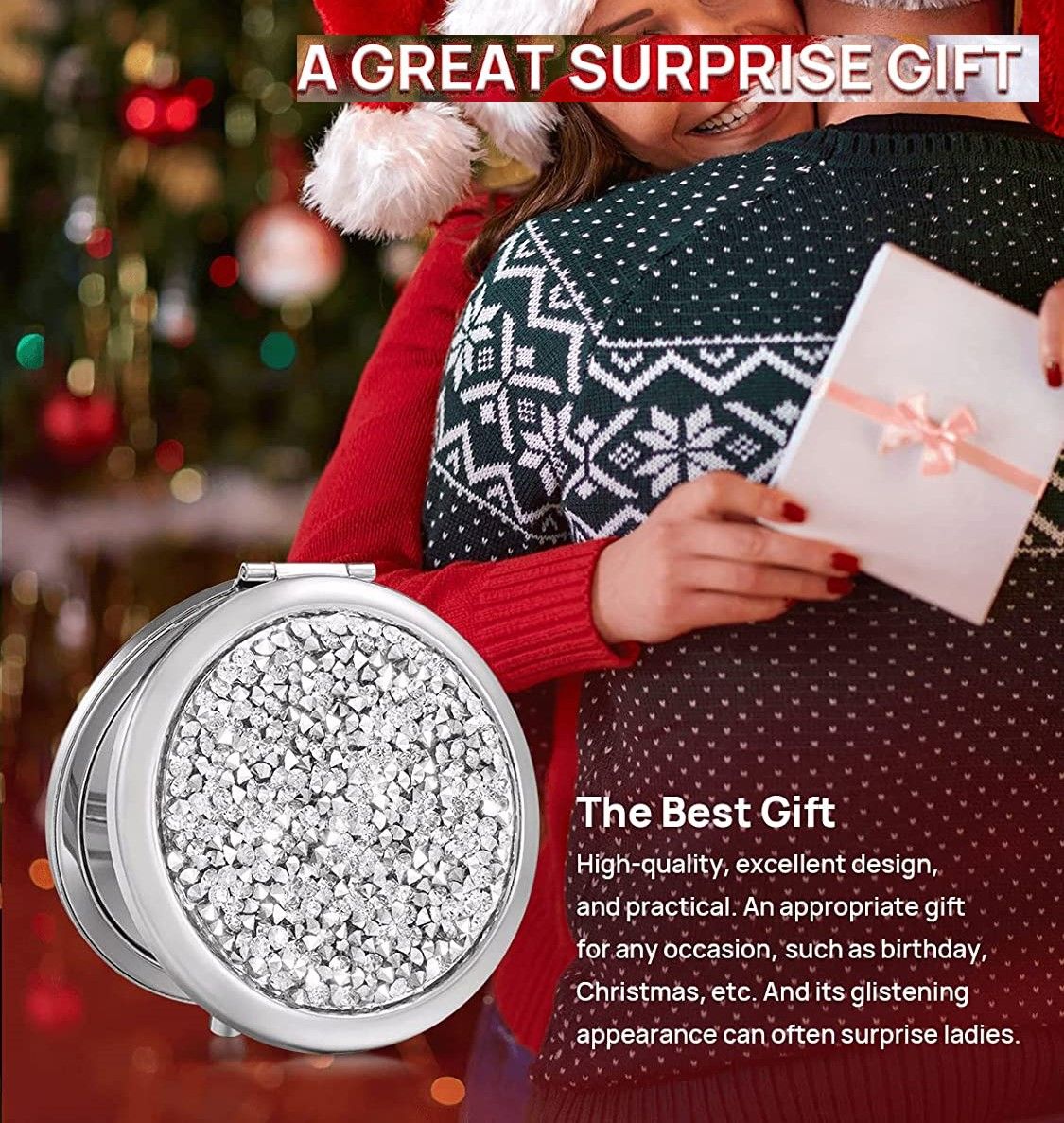 Mini Mix Diamond 1X/2X Magnifying Round Metal Pocket Makeup Mirror (Silver) V178-49347