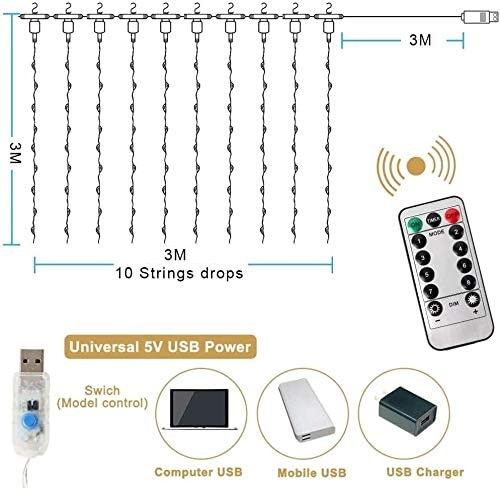 300 LEDs Window Curtain Fairy Lights 8 Modes and Remote Control for Bedroom (Multicolor, 300 x 300cm) V178-49774