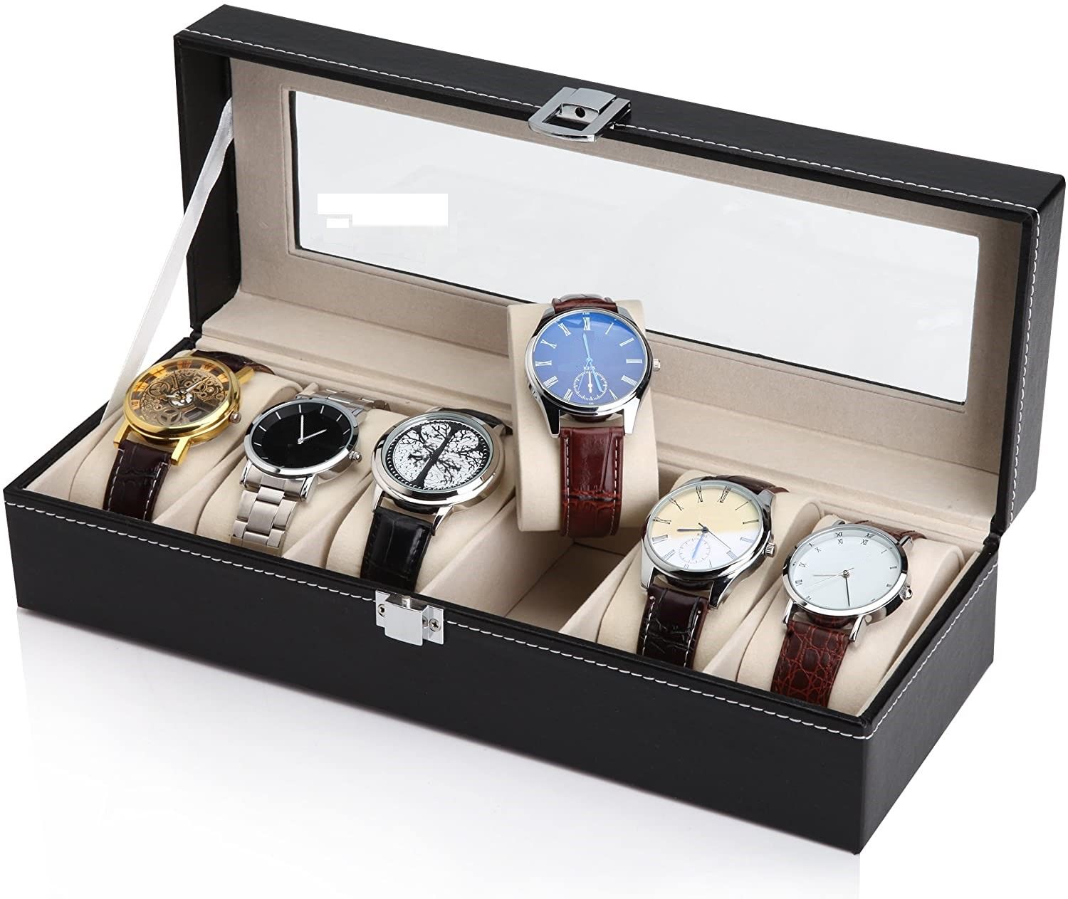 Black PU Leather Watch Organizer Display Storage Box Cases for Men & Women (6 slots) V178-52601