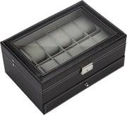 Black Leather Watch Box Jewelry Display Case with Drawers (12 Slots with 2 Layers) V178-52618