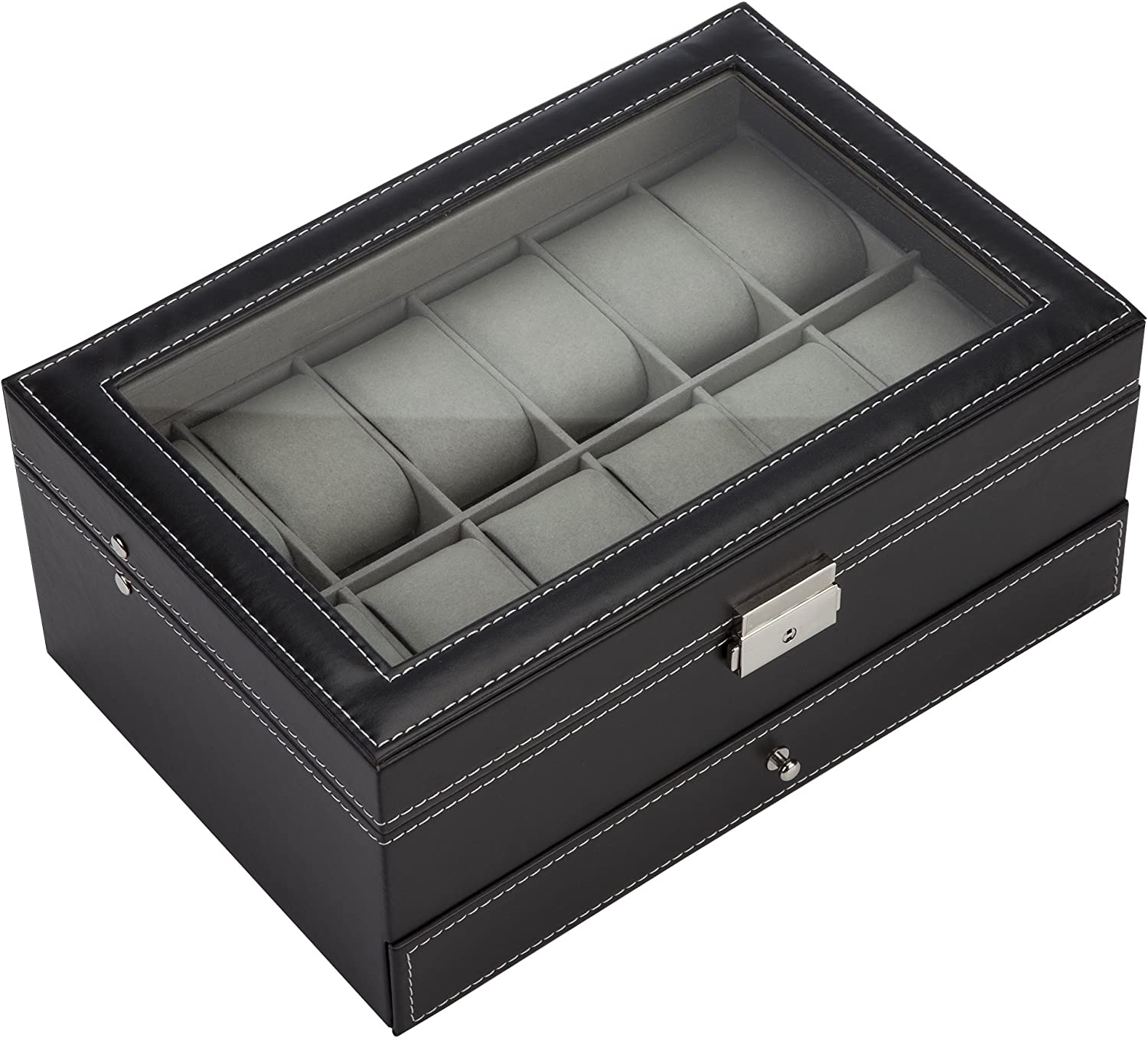 Black Leather Watch Box Jewelry Display Case with Drawers (12 Slots with 2 Layers) V178-52618