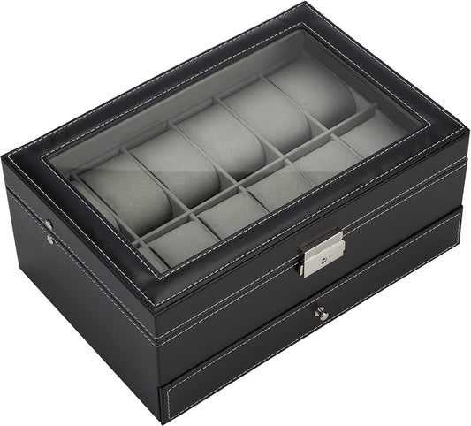 Black Leather Watch Box Jewelry Display Case with Drawers (12 Slots with 2 Layers) V178-52618