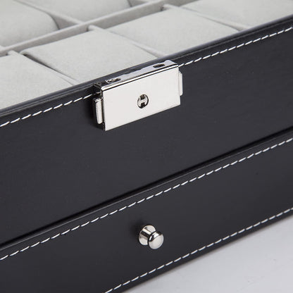 Black Leather Watch Box Jewelry Display Case with Drawers (12 Slots with 2 Layers) V178-52618