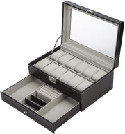 Black Leather Watch Box Jewelry Display Case with Drawers (12 Slots with 2 Layers) V178-52618