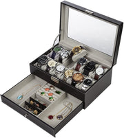 Black Leather Watch Box Jewelry Display Case with Drawers (12 Slots with 2 Layers) V178-52618
