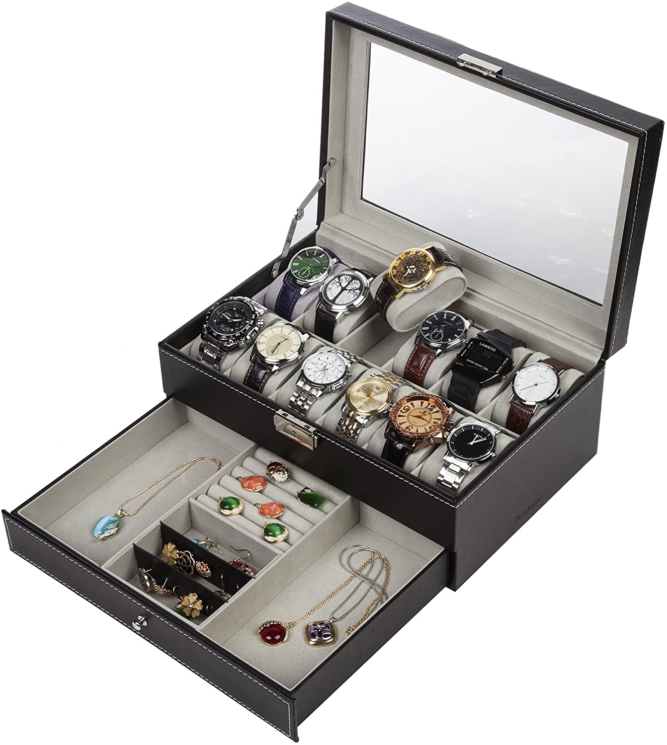 Black Leather Watch Box Jewelry Display Case with Drawers (12 Slots with 2 Layers) V178-52618