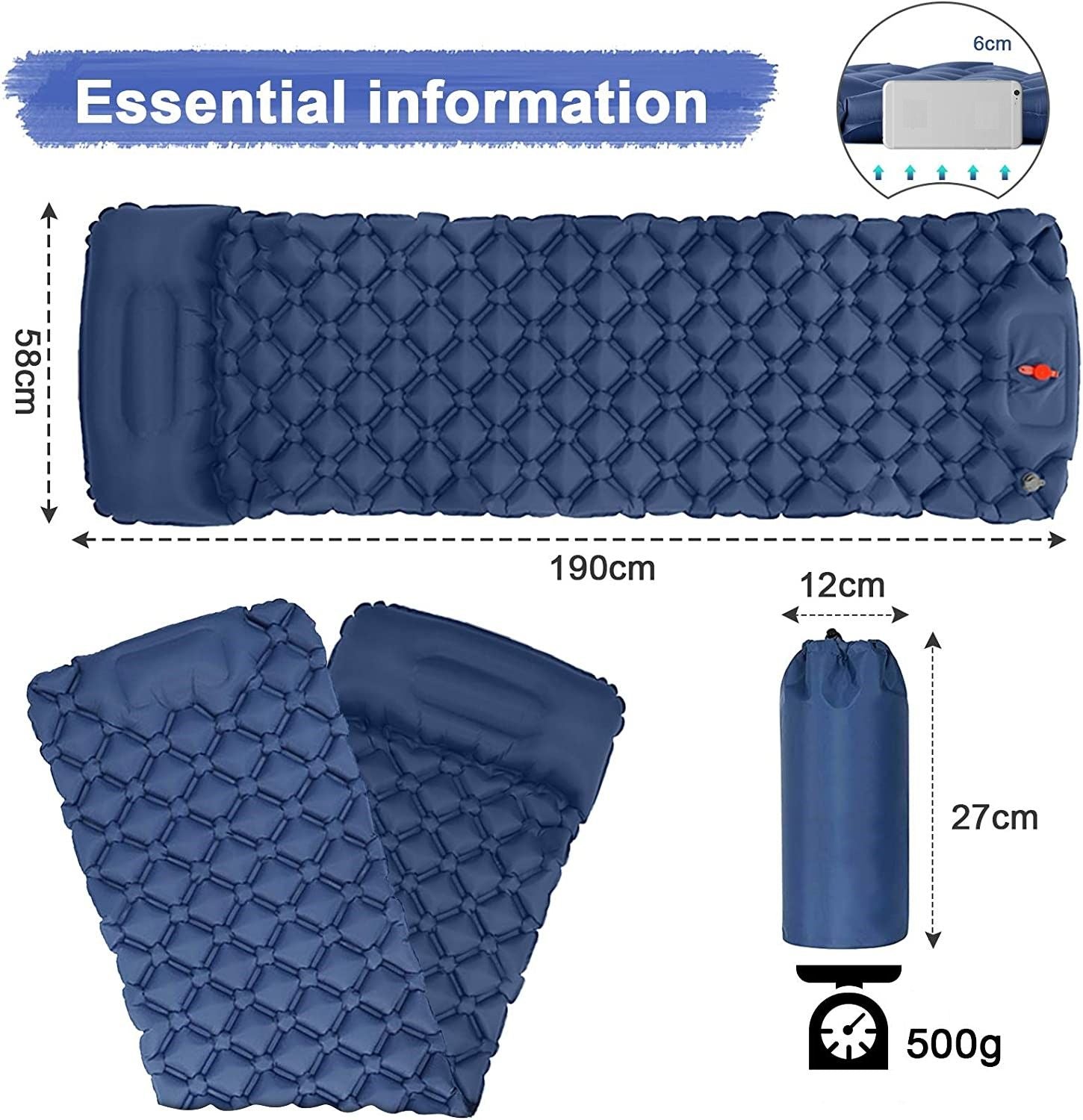 Ultralight Inflatable Camping Sleeping Pad with Pillow for Travelling and Hiking V178-58557